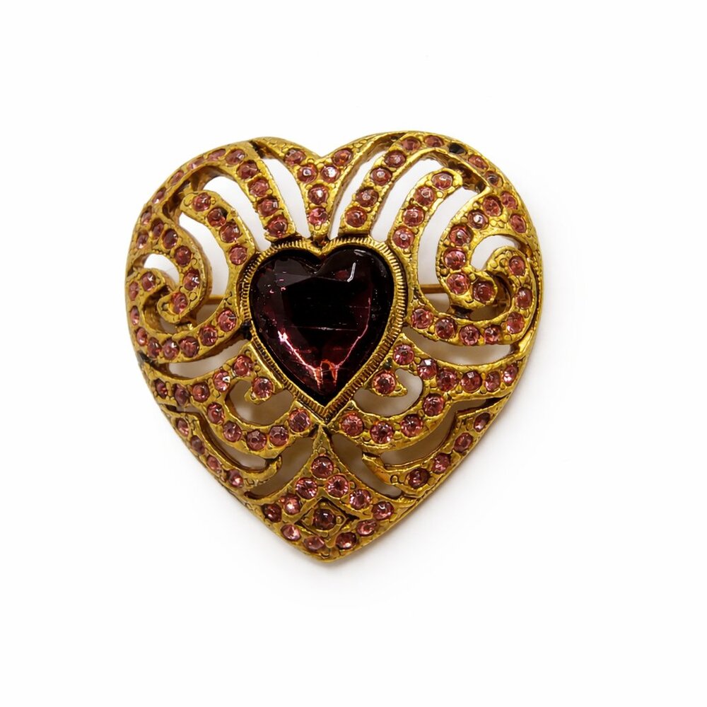 Vintage Gold Tone Heart Brooch w/ Pink Rhinestones & Garnet Color  Glass Center